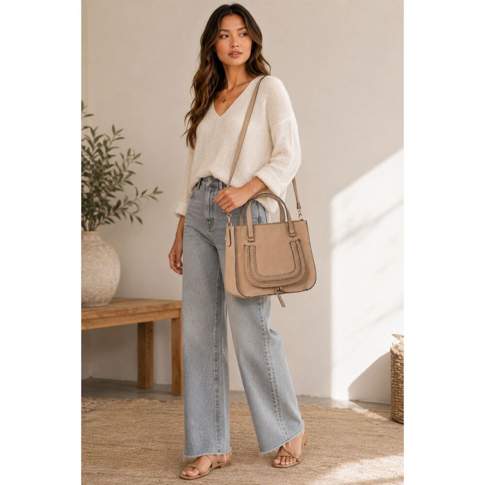 Sole Society Large Beige Vegan Leather Satchel Tote Crossbody Whipstitch Boho